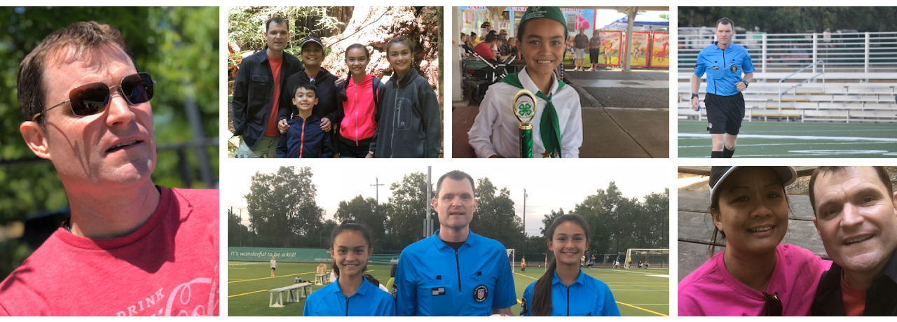 Volunteering A six-panel picture collage of aspects of my life depicted in photos - me alone, with my family, with my wife, two as a referee and a sole piture of my daugther holding her 4-H tropy