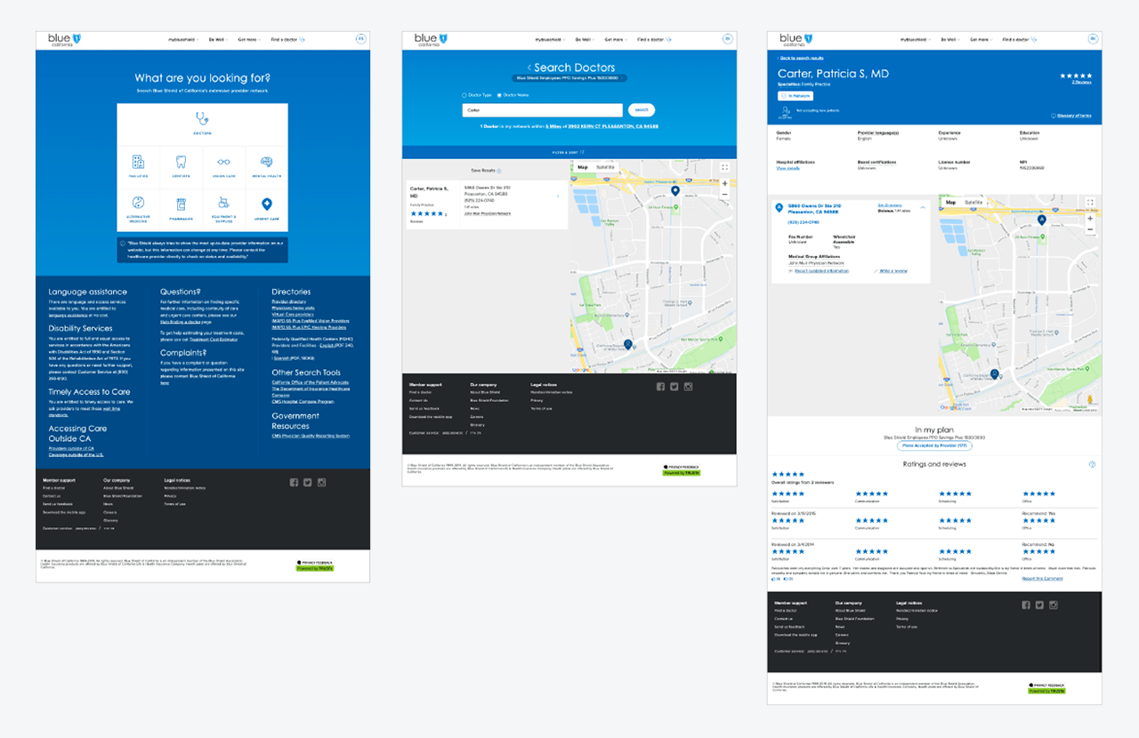 Screen captures of the three landing pages of current FAD tool