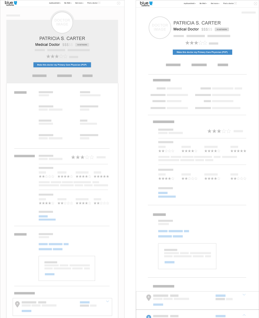 Picutres of low-fidelity wireframes for the Provider Profile page