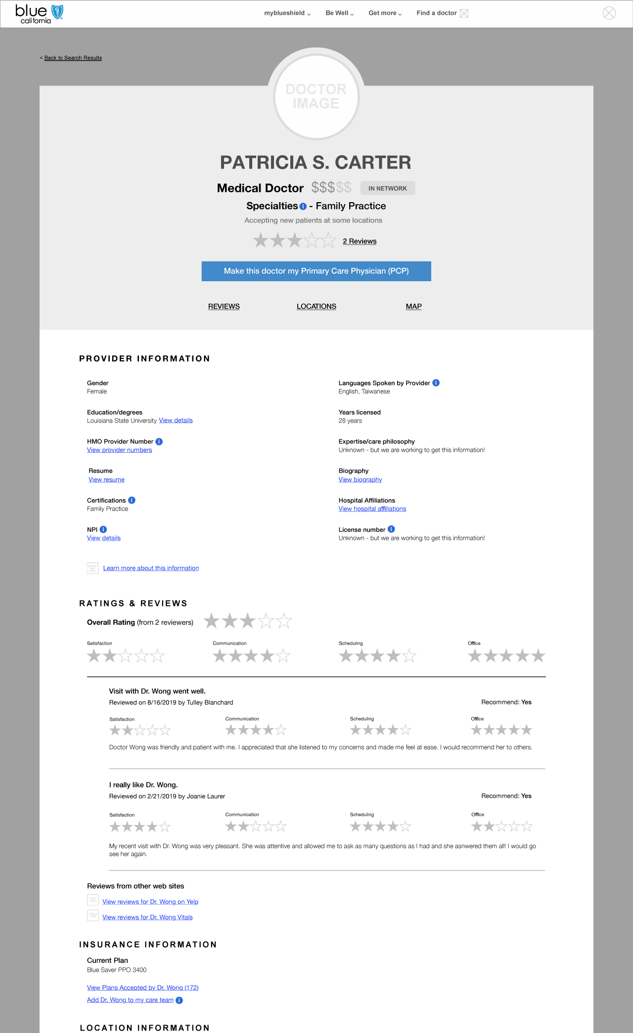 Picutre of high-fidelity wireframe for the Provider Profile page