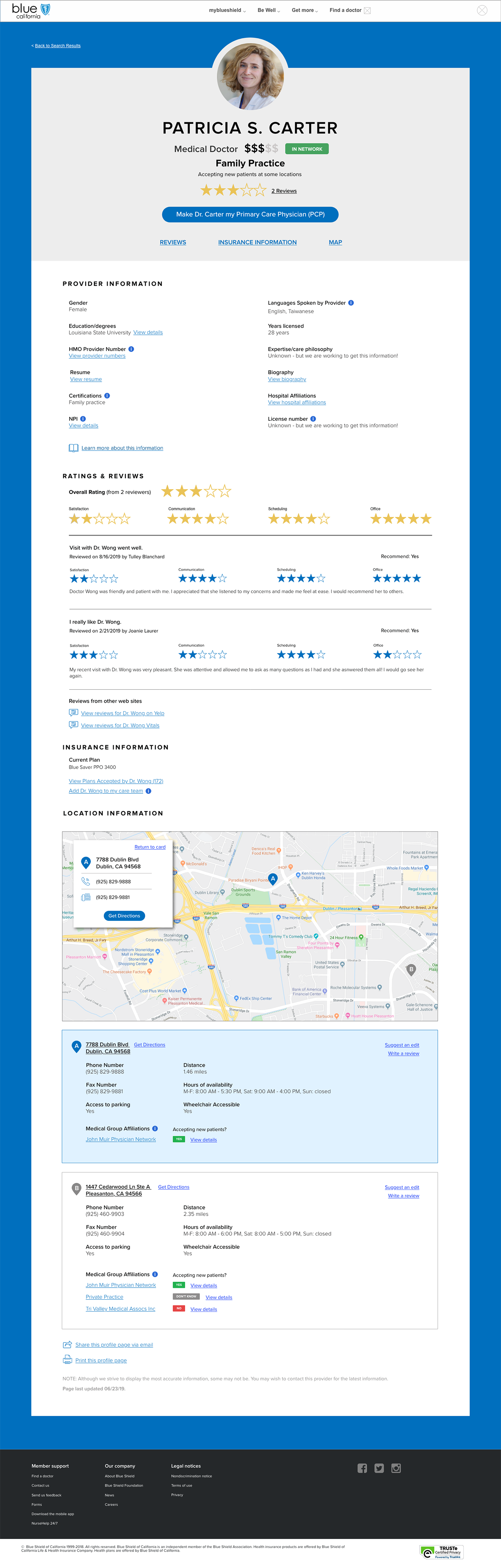 Picutre of high-fidelity mock-up for the Provider Profile page