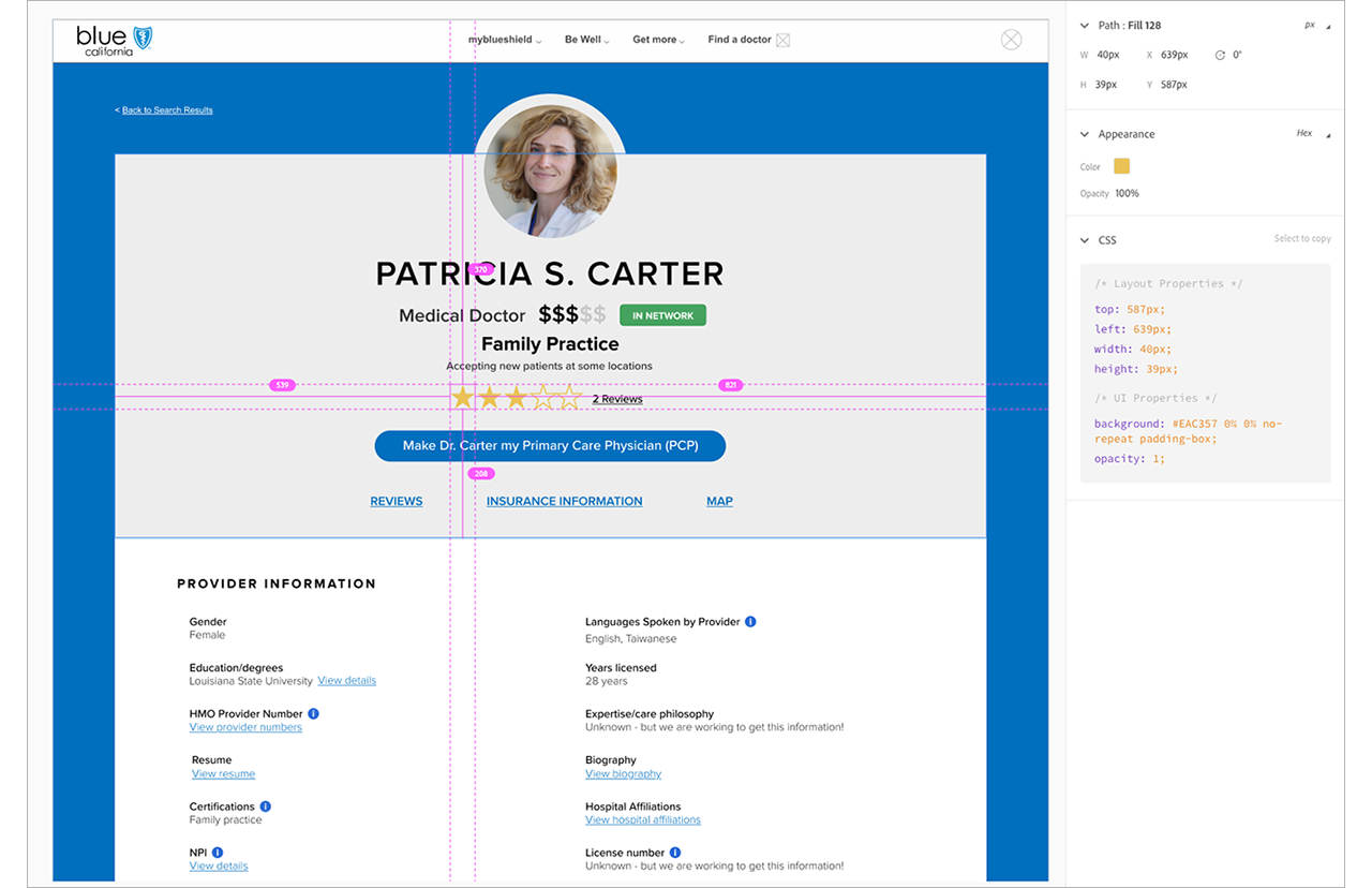 Picture of sample design specification for the Provider Profile page