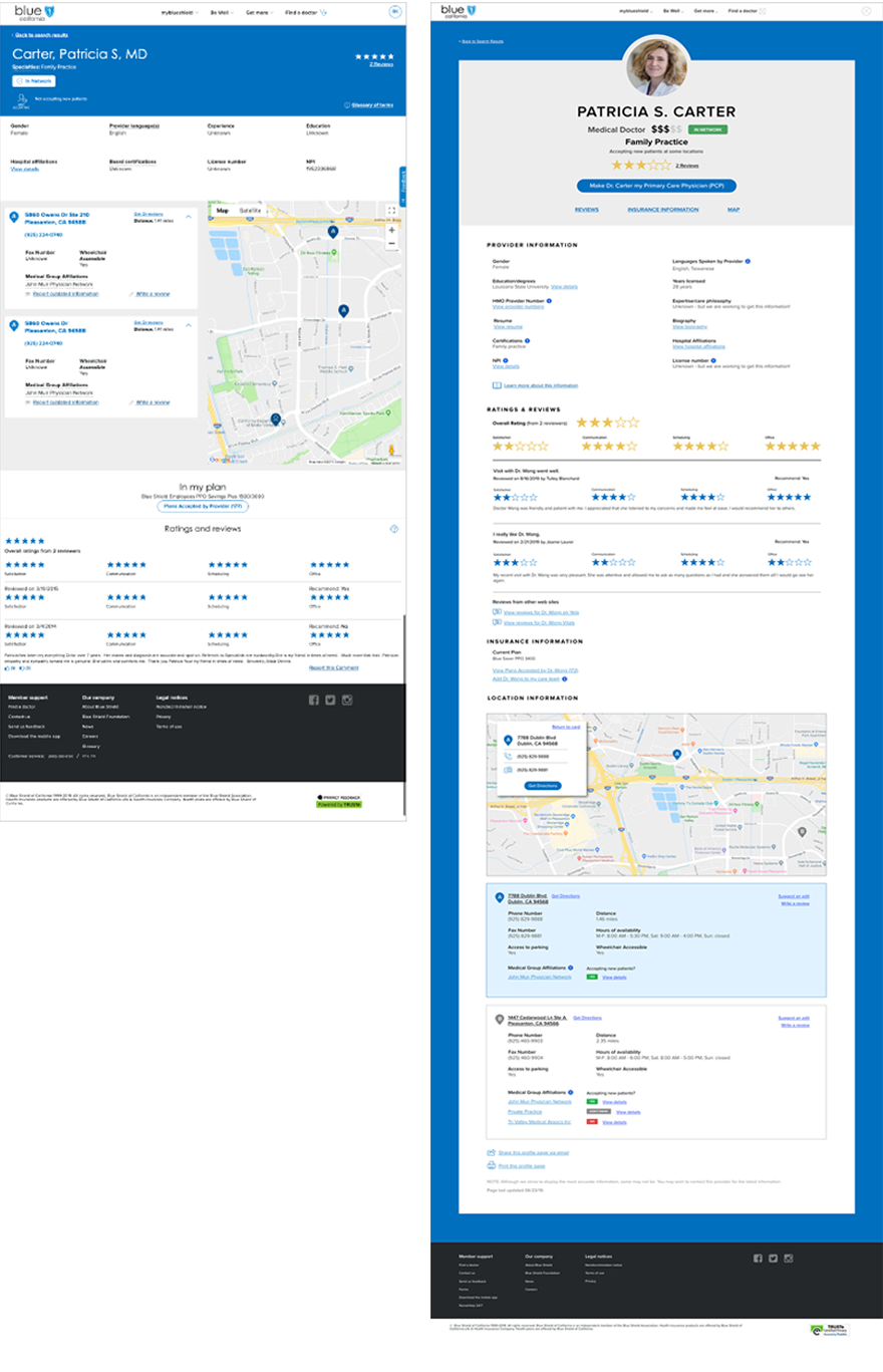 Picutre of the before and after screens for the Provider Profile page