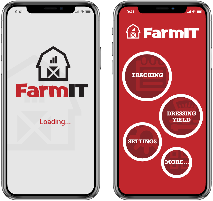 The FarmIT application splash screen and home screen Picture of the FarmIT splash screen and home screen on two iPhones