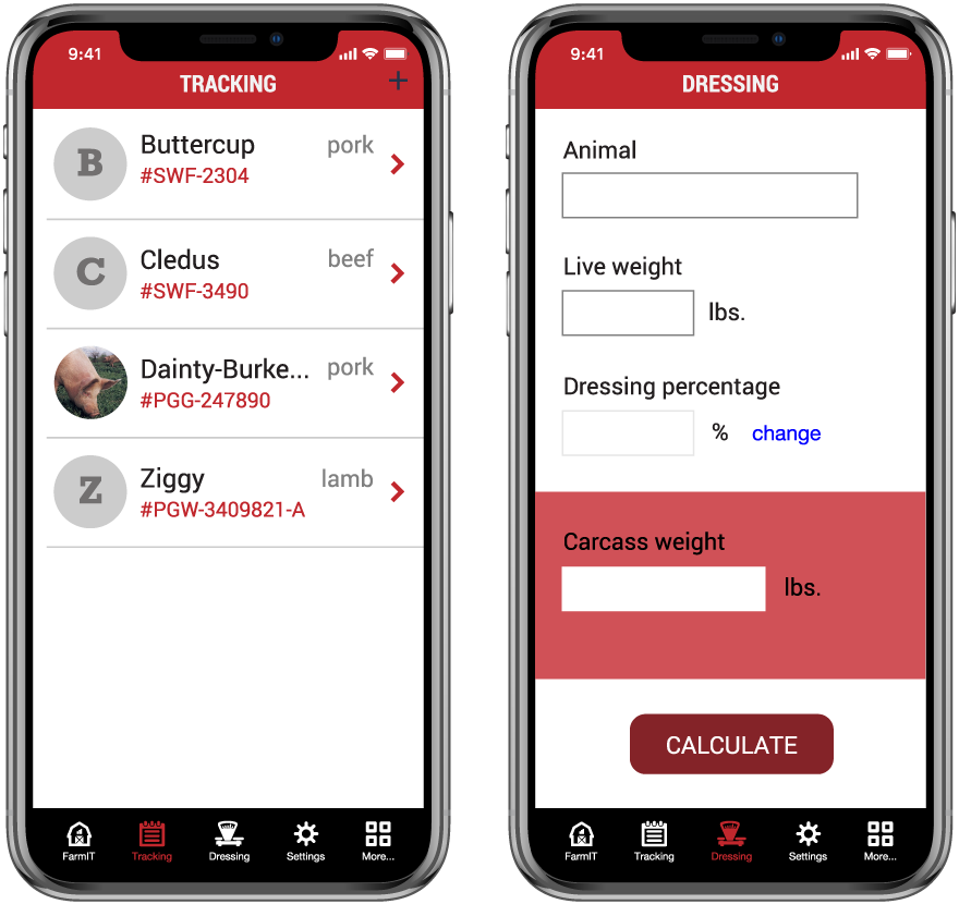 The FarmIT application tracking screen and dressing screen. Picture of the FarmIT tracking screen and dressing screen on two iPhones