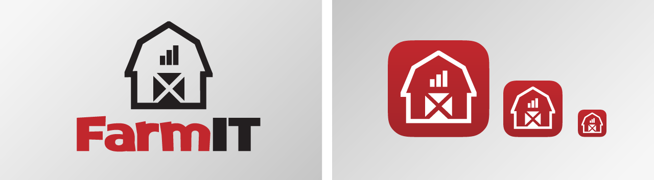 The FarmIT application Collage of the FarmIT application screens, FarmIT logo and application icon